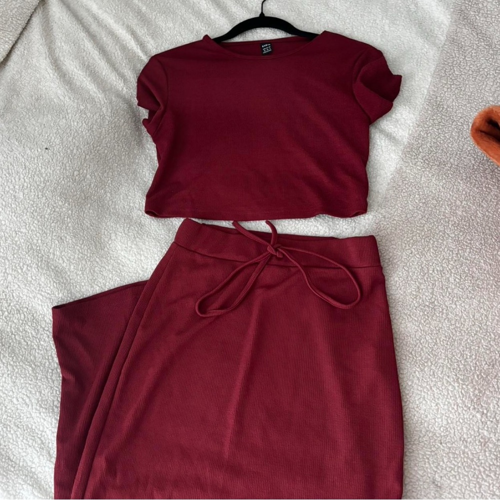 Red Two-Piece Crop Top and Skirt Set